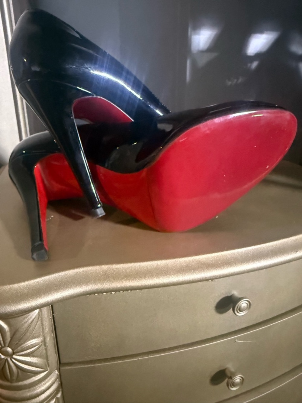 SOLD—-Christian Louboutin Black Patent Stiletto Pumps with Red Soles
